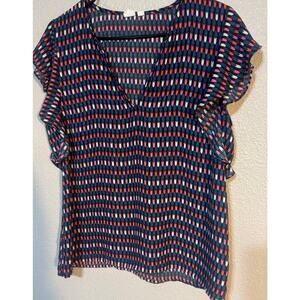 Women’s Blouse Medium Gap Multicolor V-Neck Flowy Short Sleeve Black multicolor